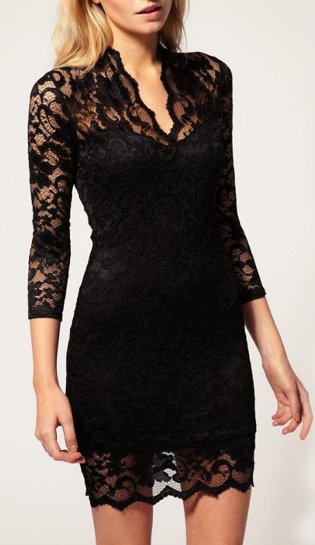 New Lace V-Neck 3/4 Sleeve Dress | Little black lace dress .