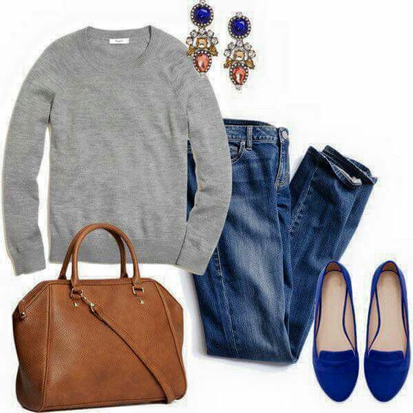 Sweater with velvet flats, jewel tone earrings and a brown bag .