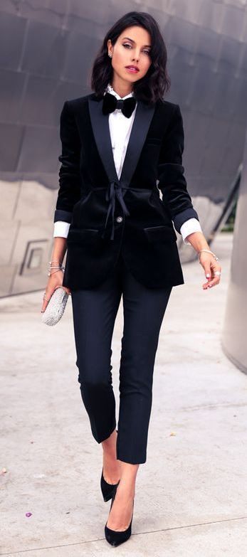 black and white outfit idea : shirt + heels + pants + velvet .