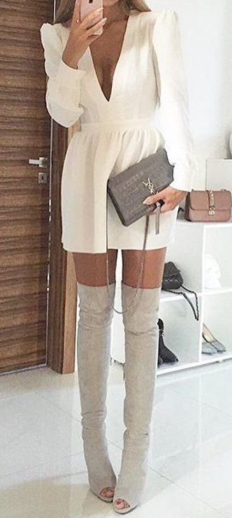 White V-neck Dress // Grey Velvet Over The Knee Boots | Fall .