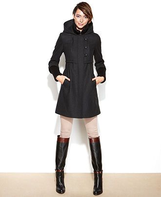 DKNY Coat, Hooded Wool-Blend Walker Babydoll - Coats - Women .