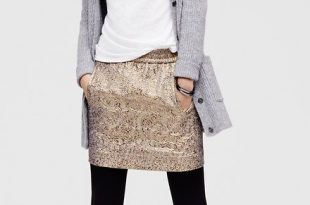 gold skirt, white tee, gray cardi, black tights & boots= casual .