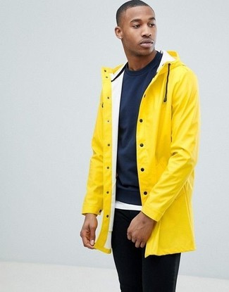 How To Wear a Yellow Raincoat With a White Crew-neck T-shirt For .