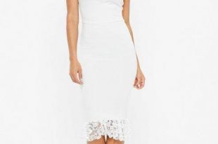 Missguided White Square Neck Lace Hem Bodycon Midi Dress | White .
