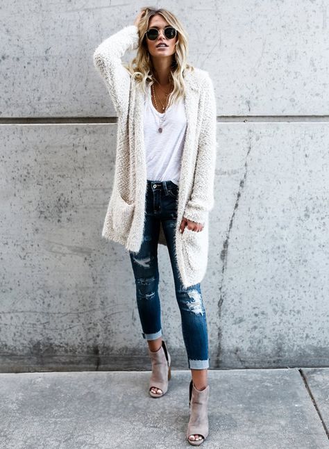 White Cardigan Sweater Outfits for Ladies