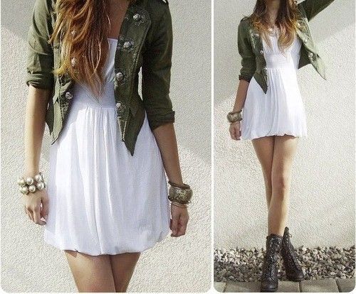 Military jacket with white dress and combat boots...... A little .