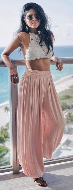summer #trends #outfits | White Crochet Top + Pink Pleated .