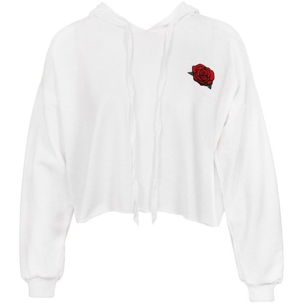 Sans Souci White rose print raw edge cropped hoodie ($34) ❤ liked .