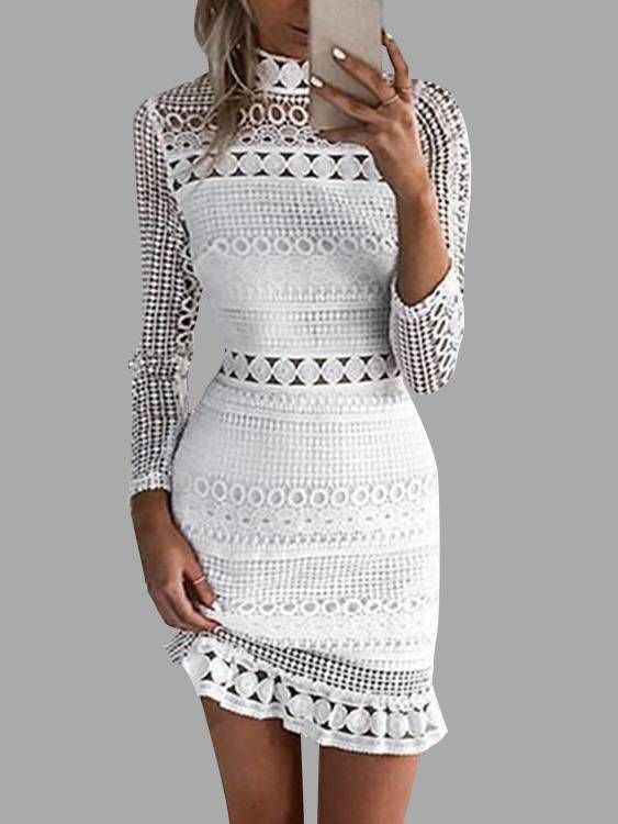 White Lace Cut Out Design High Neck Long Sleeves Dress - US$14.95 .