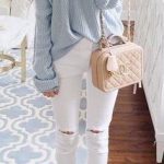 winter #outfits blue sweater and white distress jeans outfit .
