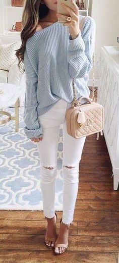 winter #outfits blue sweater and white distress jeans outfit .