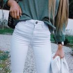 winter #outfits green sweater with white distressed jeans .