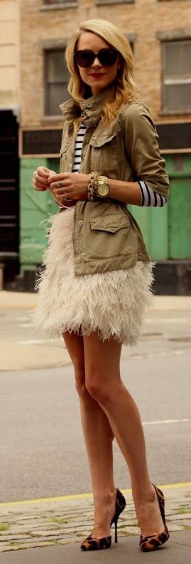 Outfit ideas. Army/ fiel shirt. Striped top. White feather Skirt .
