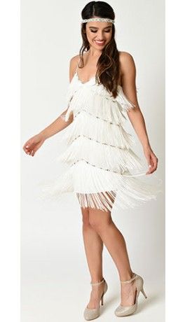 Vintage 1920s Style White Beaded Tiered Fringe Flapper Dress .