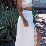 Two Piece High Neck Sweep Train White Chiffon Prom Dress with Lace .