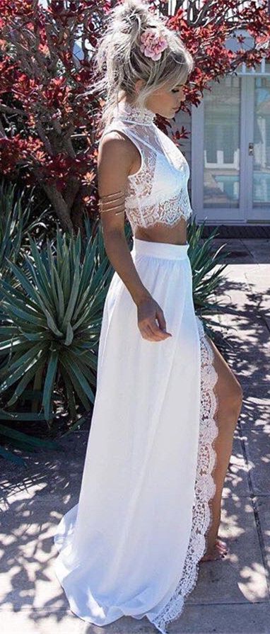 Two Piece High Neck Sweep Train White Chiffon Prom Dress with Lace .