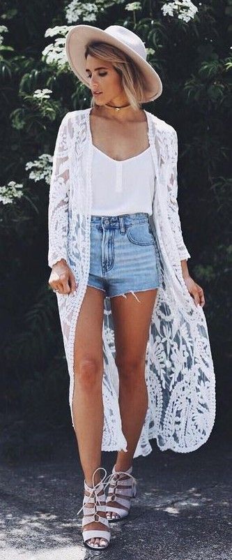summer #popular #outfitideas White Lace Kimono + White Cami + .