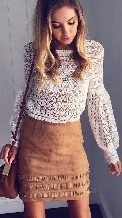 prefall #muraboutique #outfitideas | White Lace Top + Camel Suede .