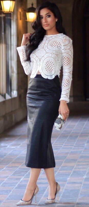 Seriously Gorge! Black leather skirt white lace eyelet blouse .