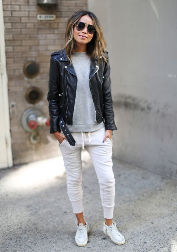 Women's Black Leather Biker Jacket, Grey Sweatshirt, White .