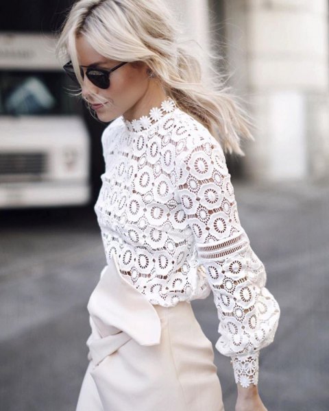 White Long Sleeve Lace Outfit
  Ideas