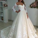 Unique A-line Long Sleeves White Lace Long Wedding Dress | Ivory .