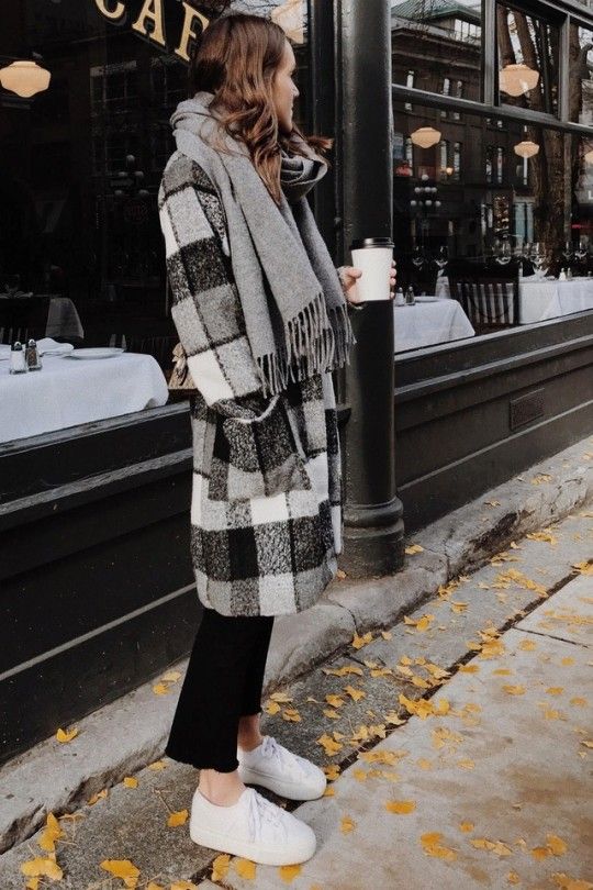 Fall looks + White sneaker outfit + Plaid coat + women's best .