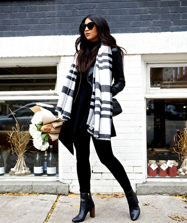 Kayla Seah's oversized black and white scarf looks great worn with .