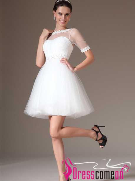 dress, tulle short wedding dress, sleeves white wedding dress .