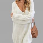 White Oversized Plunging V-neck Knit Sweater Dress - US$10.99 .