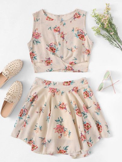 Floral Print Cross Wrap Front Top and Skirt Set -SheIn(Sheinside .