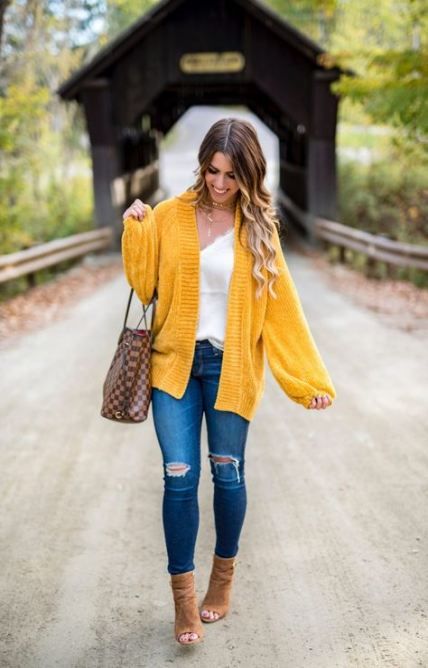 46+ Ideas How To Wear Yellow Cardigan Mustard Sweater #howtowear .