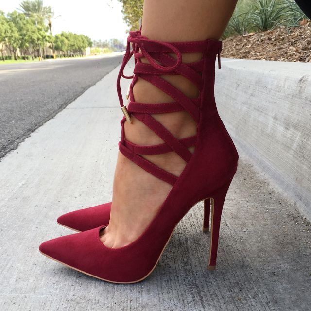Red Lace Up Heels Sharp Outfit
  Ideas