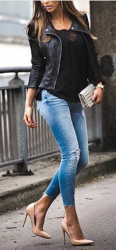 Studded Leather Jacket Outfit
  Ideas for Women