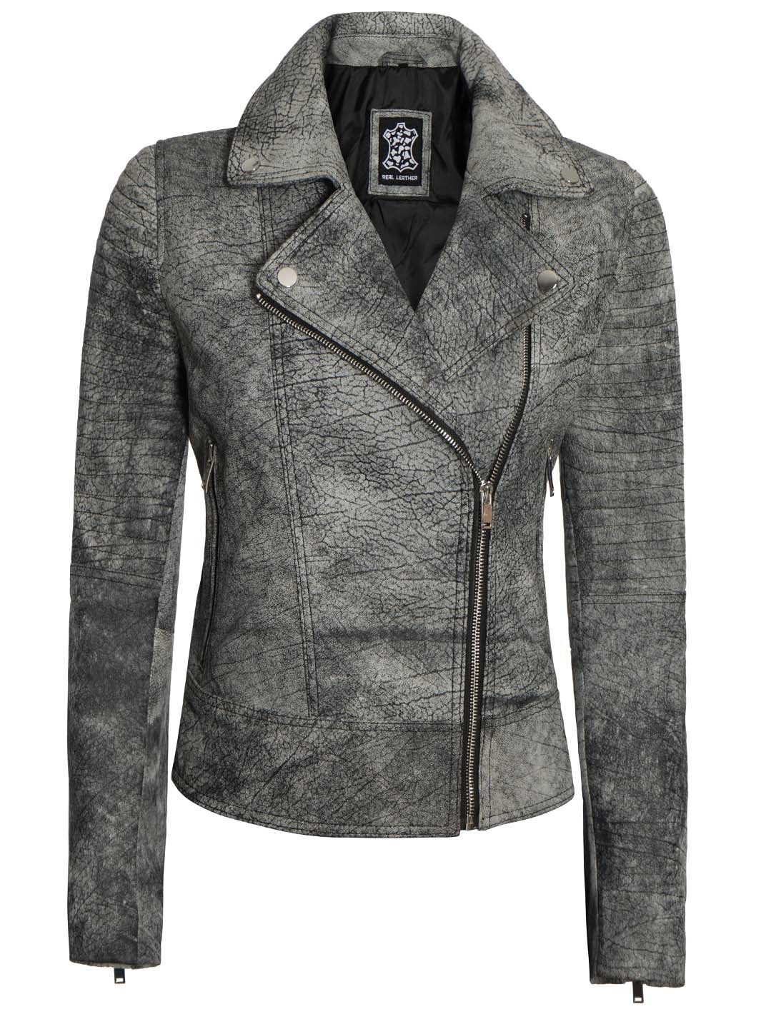 Grey Leather Jacket for Women